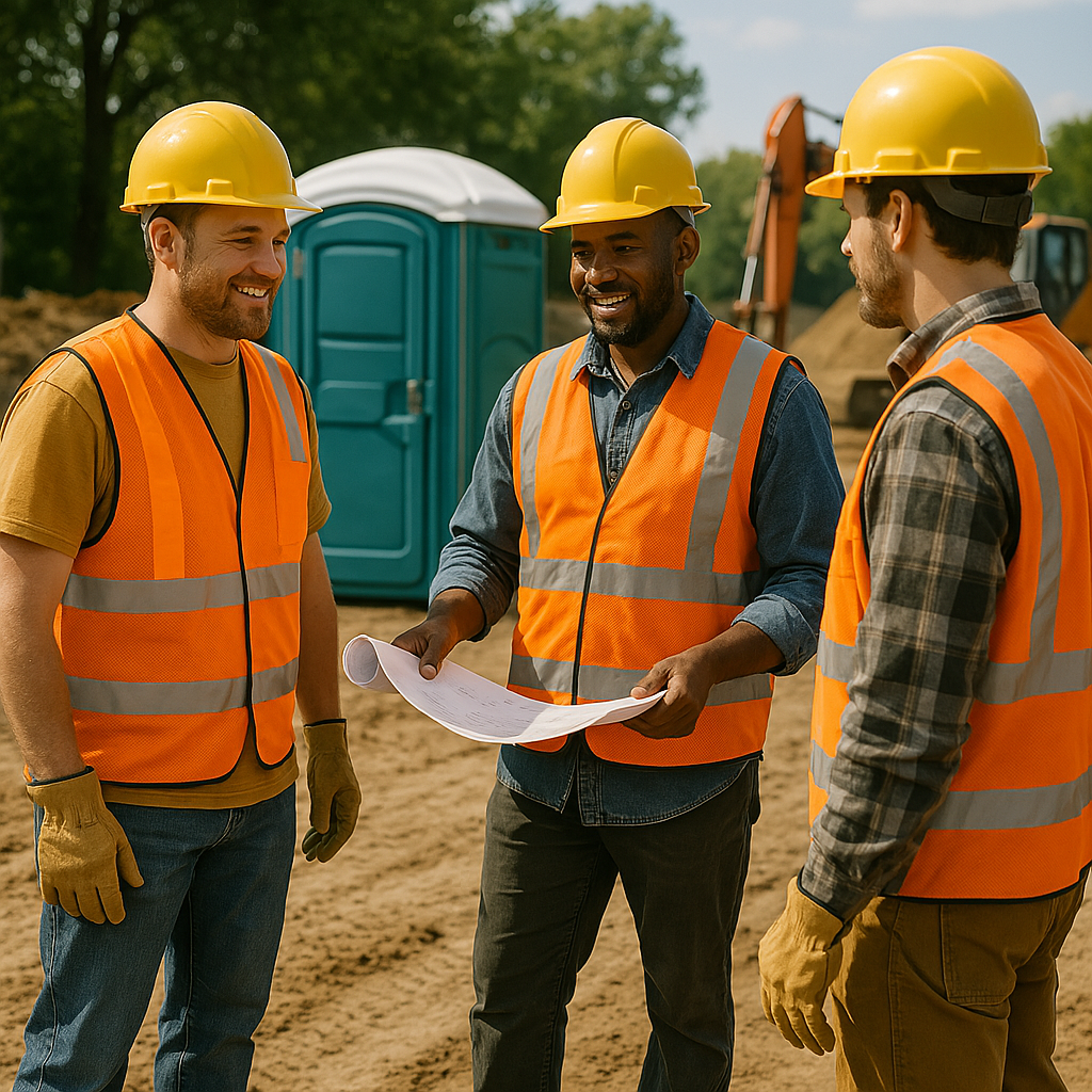 Construction Site Toilet Rentals Workers in PPE standing outside a rentable portable toilet on a construction site.