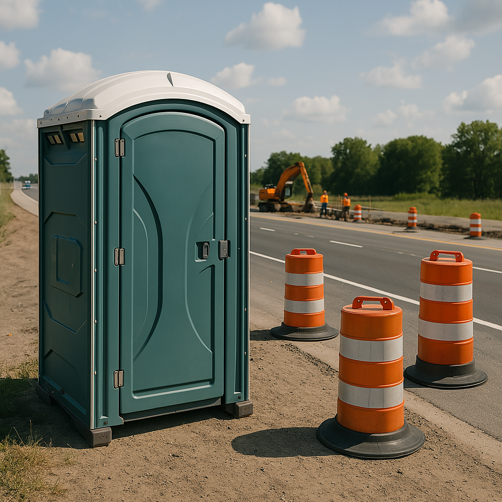 Roadwork & Field Project Toilet Rentals A rentable portable toilet shown alongside roadwork - set up for road workers.