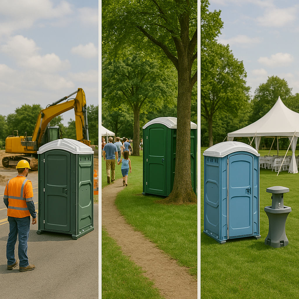 Who We Serve – Reliable Sanitation for Every Setting Sliced image showing Clearset's portable toilet rentals being used in 3 different appications: a construction site, a public park, and a private event.