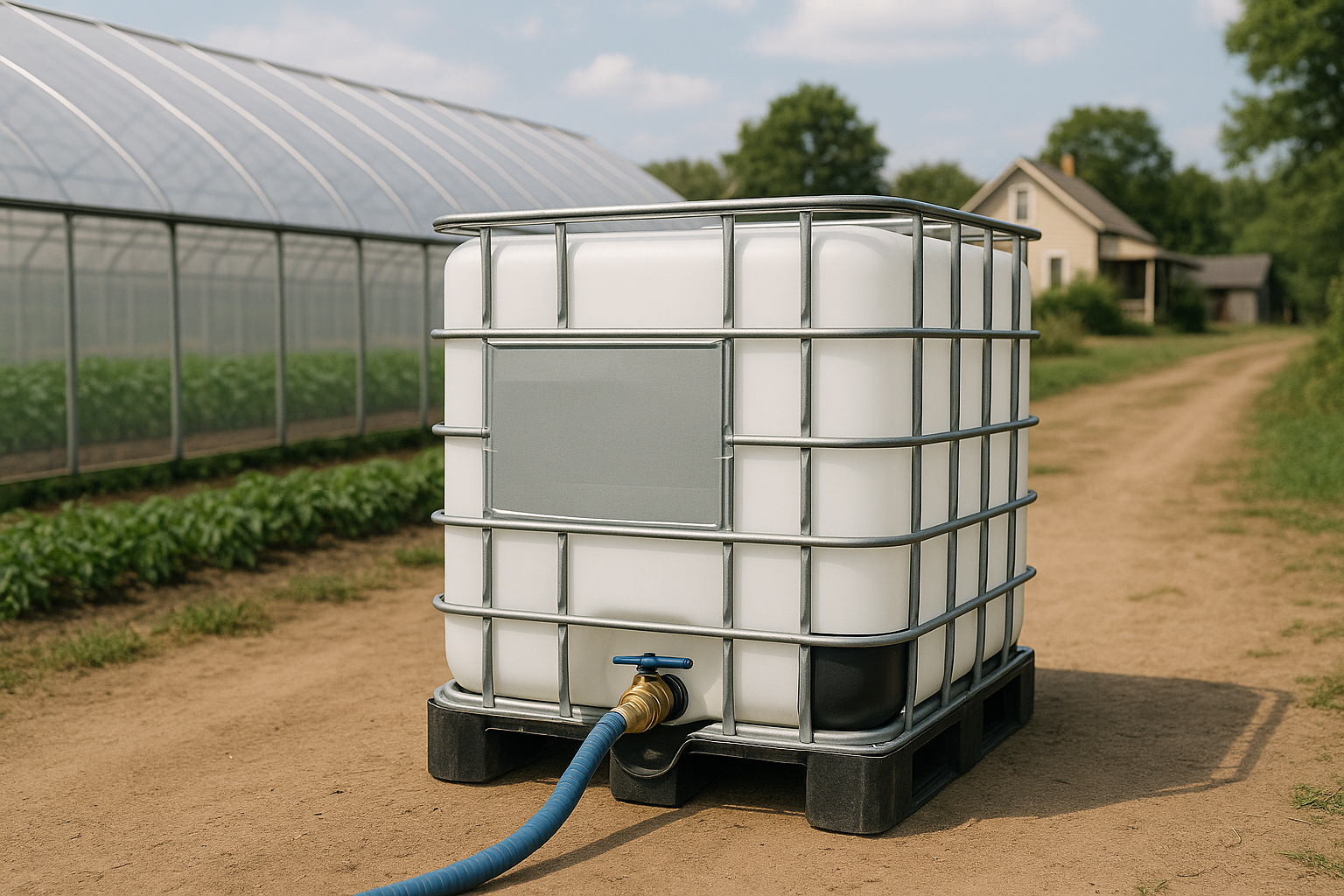 Water tank rentals for agriculture and farmers, shown in front of a farm