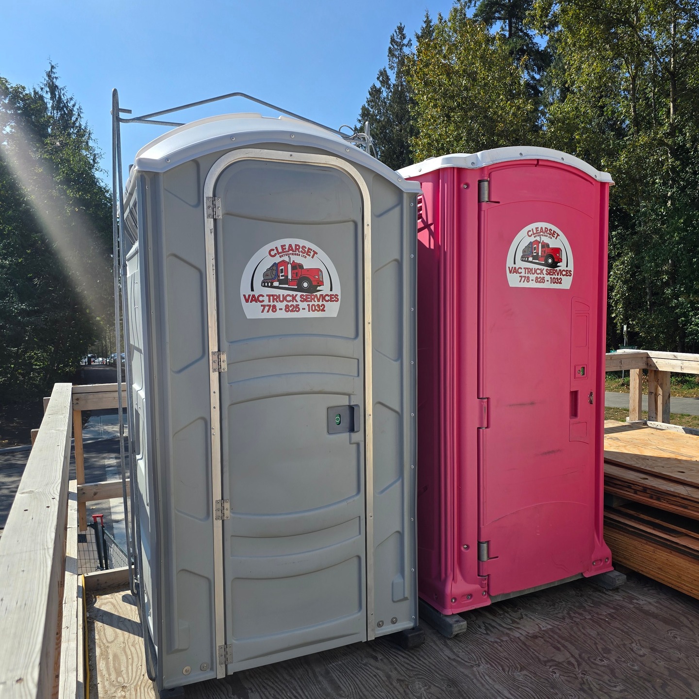 Two portable toilets for rent by Clearset Vac Truck Services in Port Coquitlam & Vancouver Two portable toilets for rent by Clearset Vac Truck Services in Port Coquitlam & Vancouver