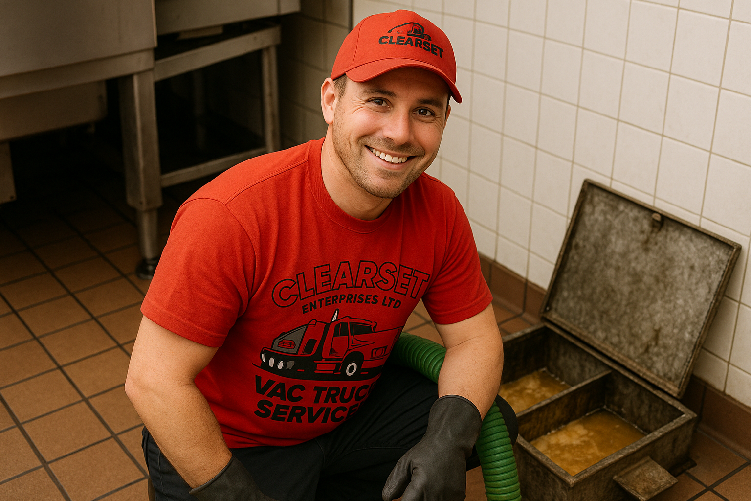 Clearset VAC Truck employee wearing branded hat and shirt, smiling in front of full grease traps they're servicing in a Greater Vancouver restaurant